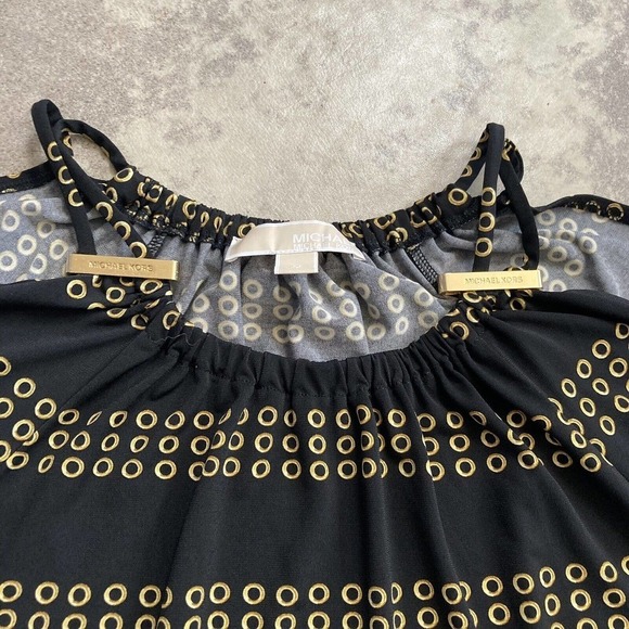 Michael Kors Cold Shoulder Black Blouse Gold Logo Hardware Strappy Blouse Size M - Picture 2 of 11